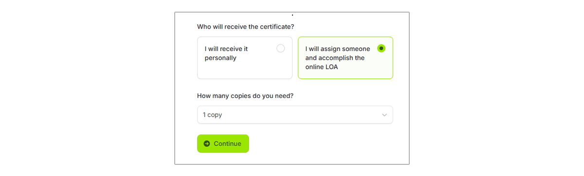 Form step showing the option selected to assign someone and accomplish the online LOA for document delivery.